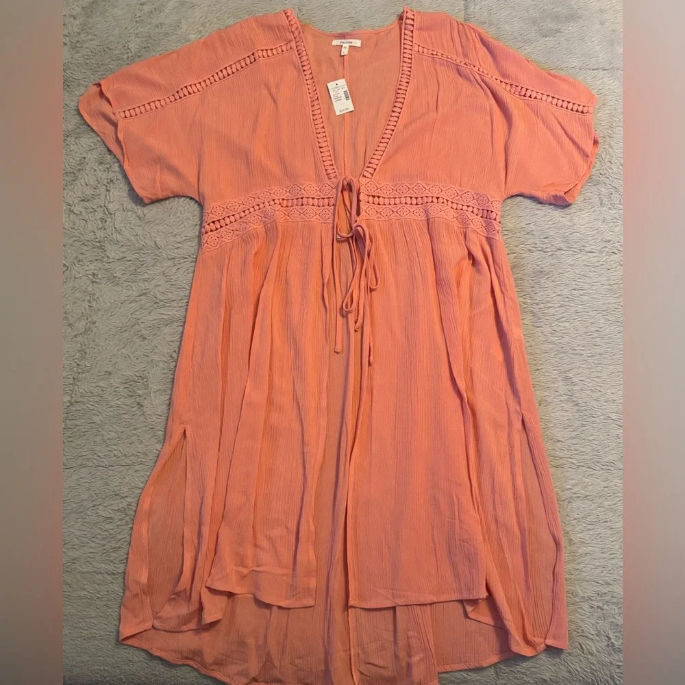 Maurices Peachy Coral Hue Embroidered Long Tunic Cover Up w/ Front Ties & Slits - Picture 1 of 12